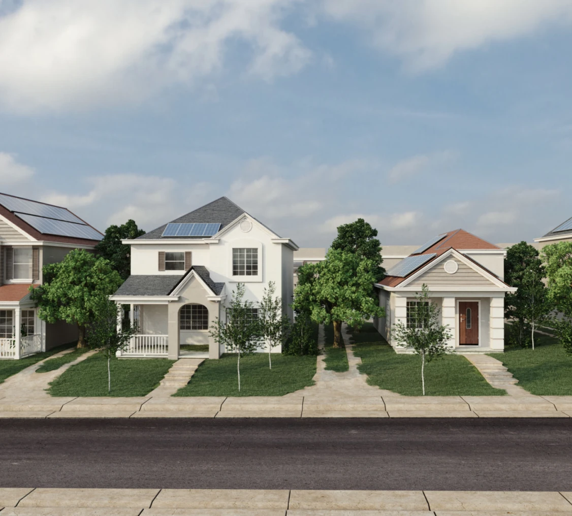 Residential street with green lawns